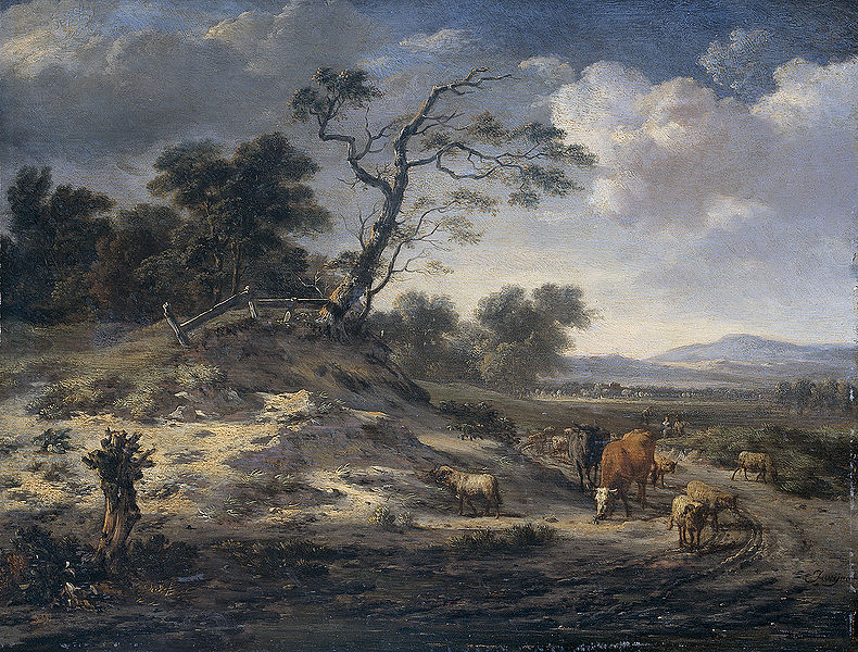 Landscape with cattle on a country road.